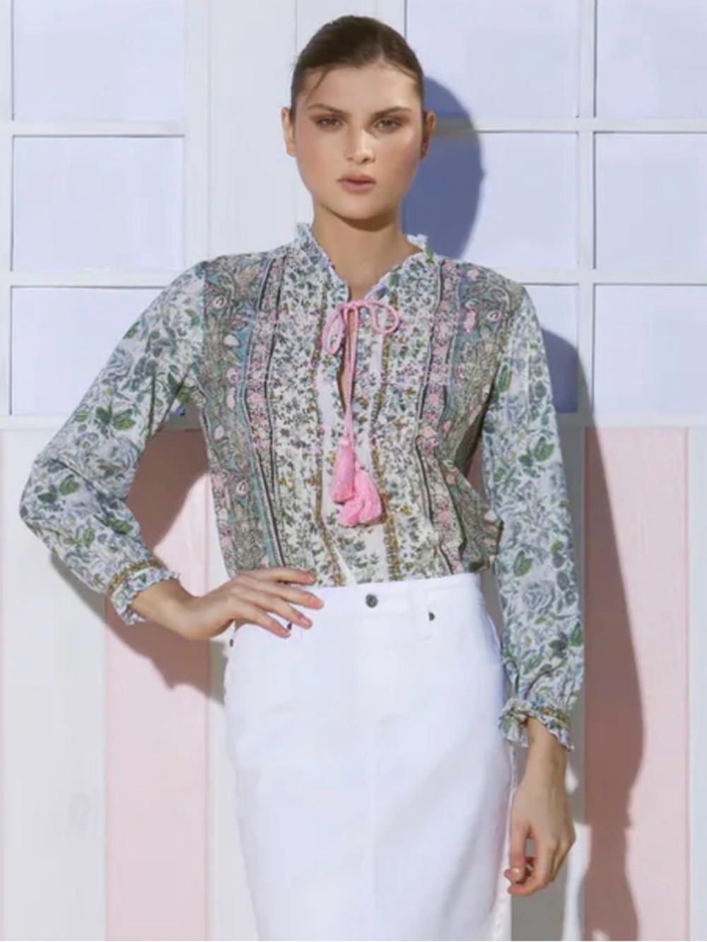 Lola Australia Charlotte Top Boho Floral Tassel Blouse Cotton Pink Green Size M